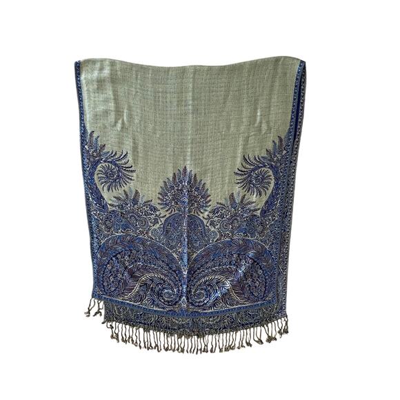 Blue & Gold Floral Paisley Large Reversible Scarf / Wrap / Shawl with Fringe - Picture 10 of 10